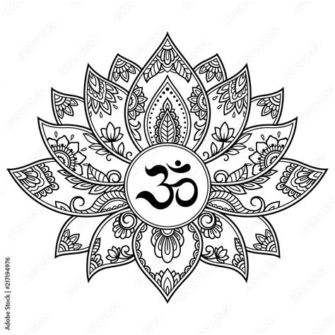 Mehndi Lotus Flower Pattern With Mantra Om Symbol For Henna Drawing And