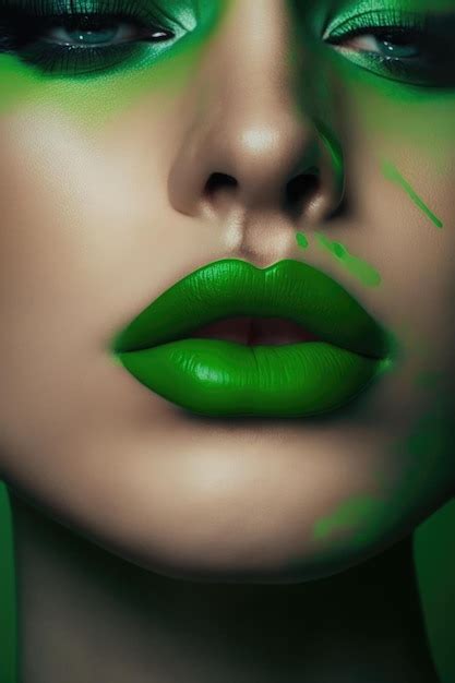 Primer Plano De Labios Femeninos Con L Piz Labial Verde Met Lico Creado