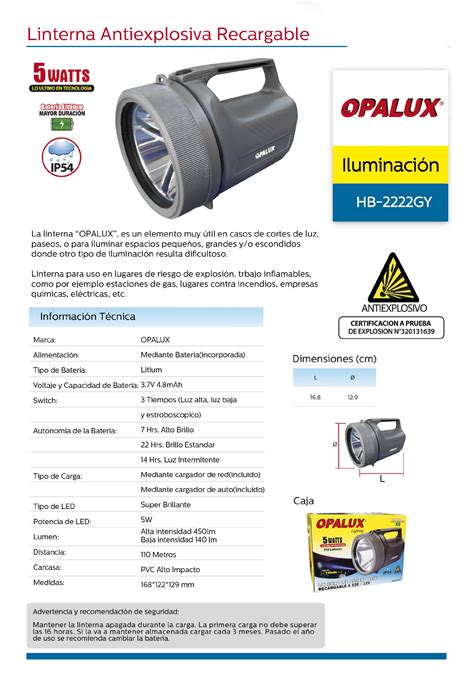 Linterna Antiexplosiva Recargable 5W HB 2222GY OPALUX Gohusitec