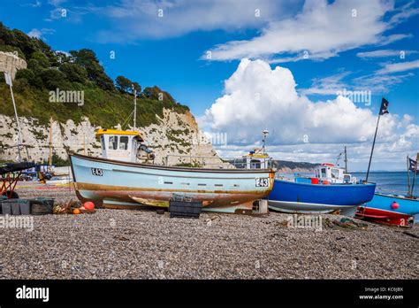 Devon Views Traditional Small Fishing Boats Beached On The Shingle