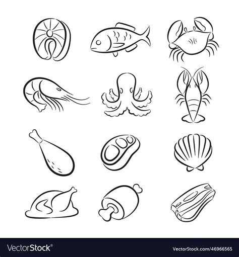 Fresh Meat And Seafood Drawing Set Royalty Free Vector Image