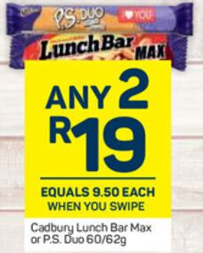 Cadbury Luch Bar Max Or P S Duo 60 62g Offer At Pick N Pay