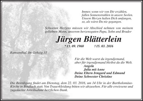 Traueranzeigen von Jürgen Blätterlein Nordbayerischer Kurier