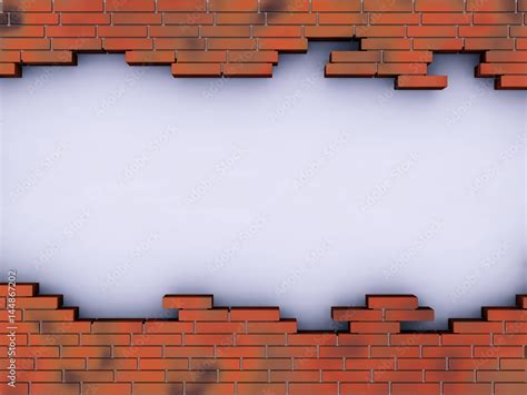 Beautiful brick background, rift in brick wall, hole in wall on white background, 3d rendering ...