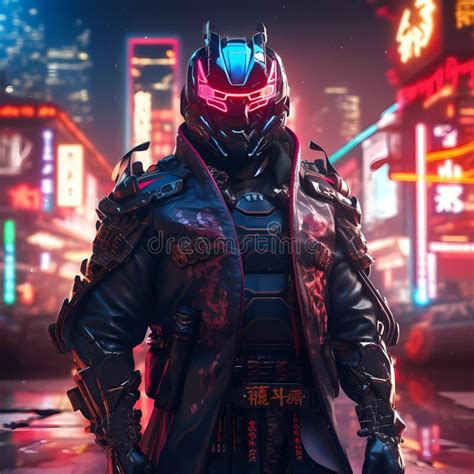 Samurai In Cyberpunk Style With Neon Color On The Back City Generative