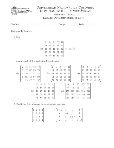 Taller Determinantes De Matrices Algebra Lineal Unal Studocu