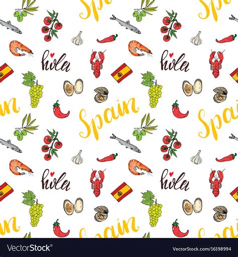 Spain Seamless Pattern Doodle Elements Hand Drawn Vector Image