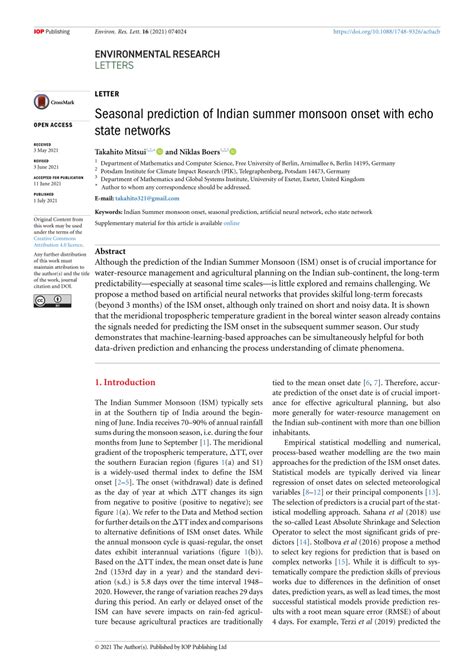 Pdf Seasonal Prediction Of Indian Summer Monsoon Onset With Echo