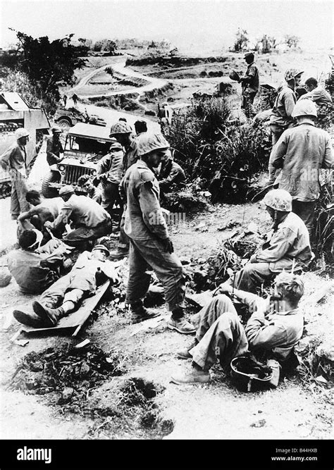 Wounded Us Marines Wait For Medical Treatment After The Battle For