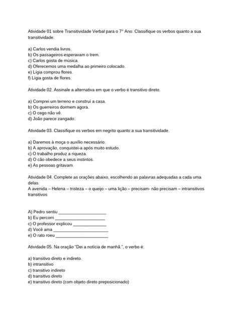 Atividades de Transitividade Verbal 7º Ano | PDF
