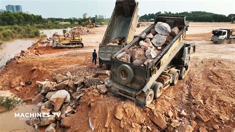 Huge Land Reclamation Process Dump Truck Management Unloading Rock Dirt