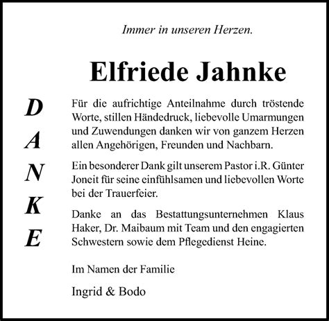 Traueranzeigen Von Elfriede Jahnke Trauer Anzeigen De