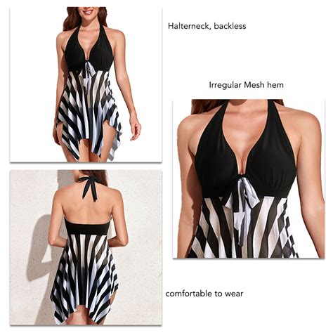 Split Swimsuit Halterneck Mesh Hem Swimwear Bikini Set Black Stripe 3XL EMB EBay