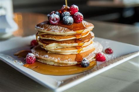 Premium Photo A Stack Of Fluffy Pancakes Drizzled With Maple Syr