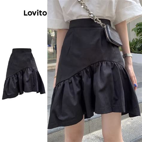 Lovito Casual Plain Asymmetrical Ruffle Hem Pleated Skirts For Women