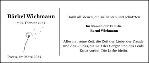 Traueranzeigen Von B Rbel Wichmann Trauer Anzeigen De