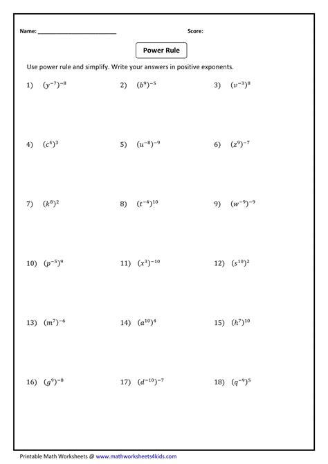 Free Printable Exponent Rules Worksheets Pdf Answers Grade 1 12