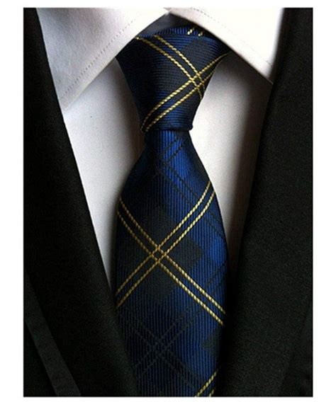 Men S Classic Checks Dark Blue Jacquard Woven Silk Tie Necktie Brown