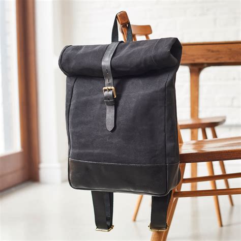 Canvas Leather Mens Black Roll Top Backpack Vida Vida Wolf And Badger