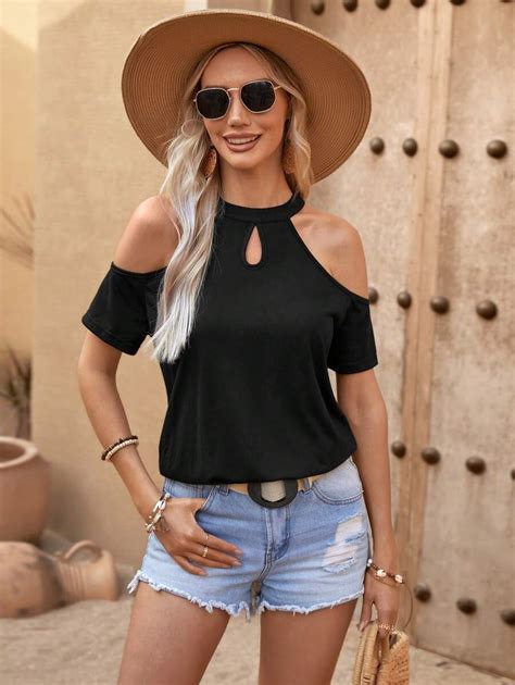 Shein Lune Women S Music Festival Black T Shirt With Hollow Out