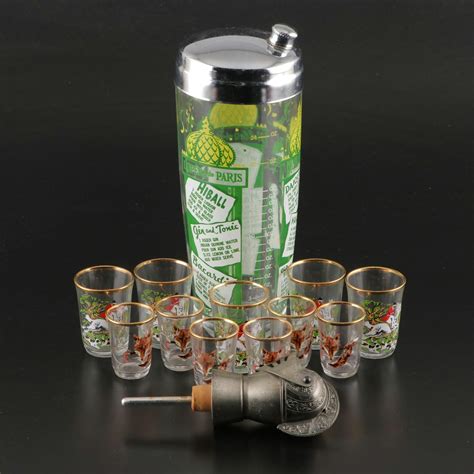 French Fox Hunting Shot Glasses With Recipe Cocktail Shaker And Dispenser Ebth