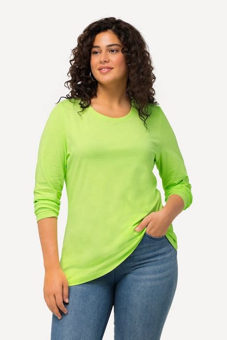 Basic Round Neck Long Sleeve Slim Fit Cotton Tee Lime Green Ulla Popken