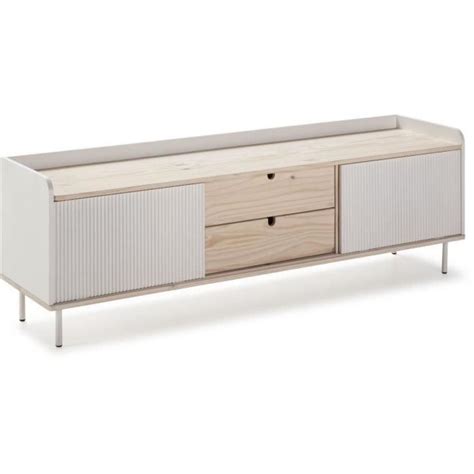 Cstore Meuble Tv Horizon Portes Coulissantes 2 Tiroirs Métal Blanc Et Chene Blanchi