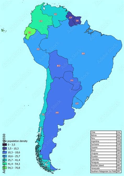 South America map with countries classified by population density Stock ...