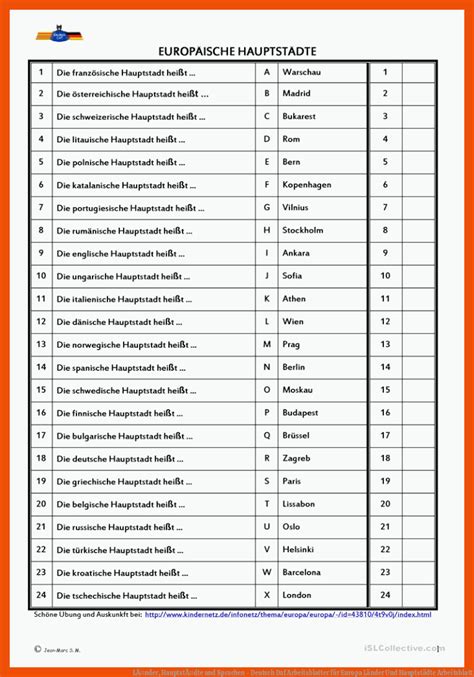 Europa L Nder Und Hauptst Dte Arbeitsblatt Allgemeine Arbeitsbl Tter