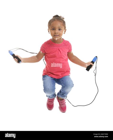 Cute African American Girl Skipping Rope On White Background Stock