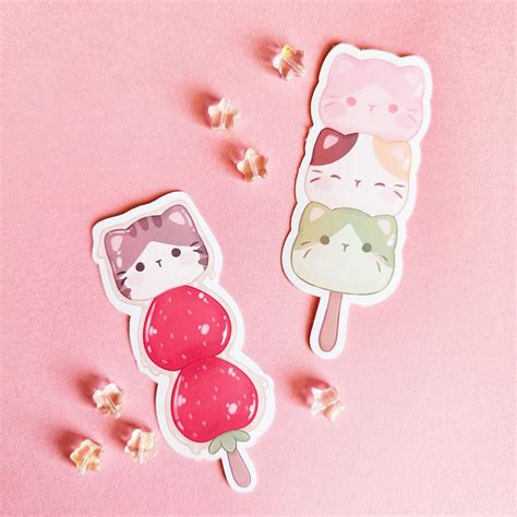 Cute Cat Dango And Tanghulu Strawberry Stickers Kawaii Food Vinyl