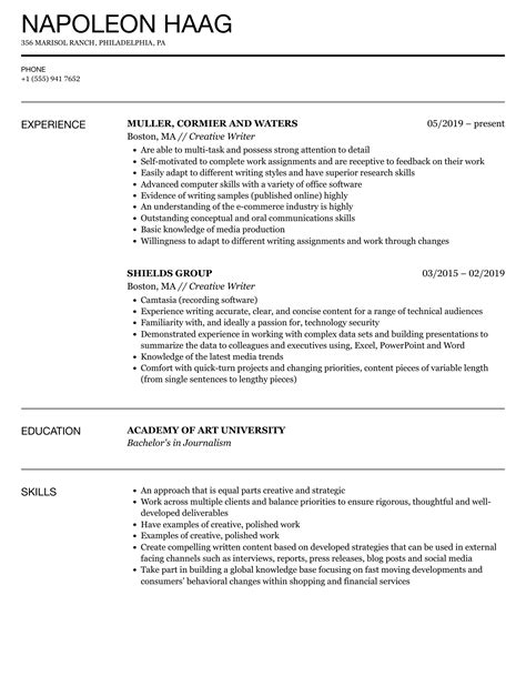 Creative Writer Resume Samples | Velvet Jobs