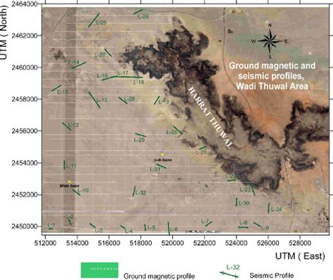 Location map of ground magnetic and seismic profiles, Wadi Thuwal ...