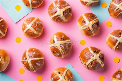 Overhead View Of Traditional Easter Hot Cross Buns An Easter Snack Stock Image Image Of