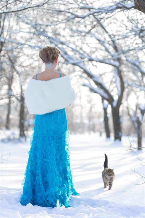 Fairytale Cosplay Snow Queen Woman Dress Posing Snowy Forest Stock ...