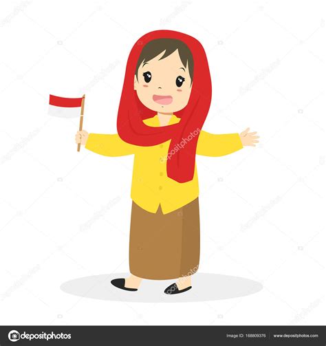 Jakarta Betawi Girl Holding Indonesian Flag Cartoon Vector Stock