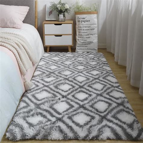 GOGOLOVING Tapis De Salon Shaggy 120 X 160cm Motif En Maille Gris Blanc