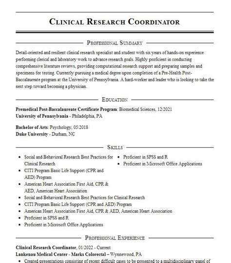 Clinical Research Coordinator Resume Example