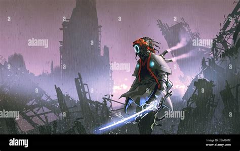 robot with glowing sword standing alone in the apocalyptic city, digital art style, illustration ...