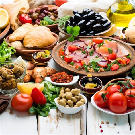 Premium Photo Mediterranean Food On A White Wooden Rustic Background