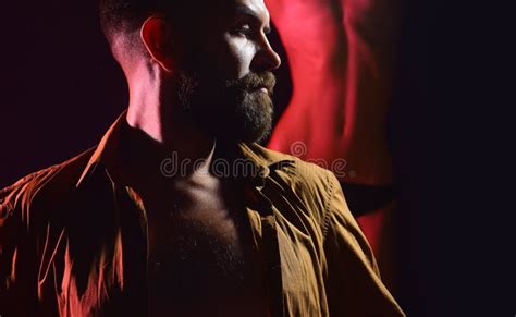 Man Relax In Strip Club Couple Naked Woman Unshaven Brutal Bearded Man Near Female Body
