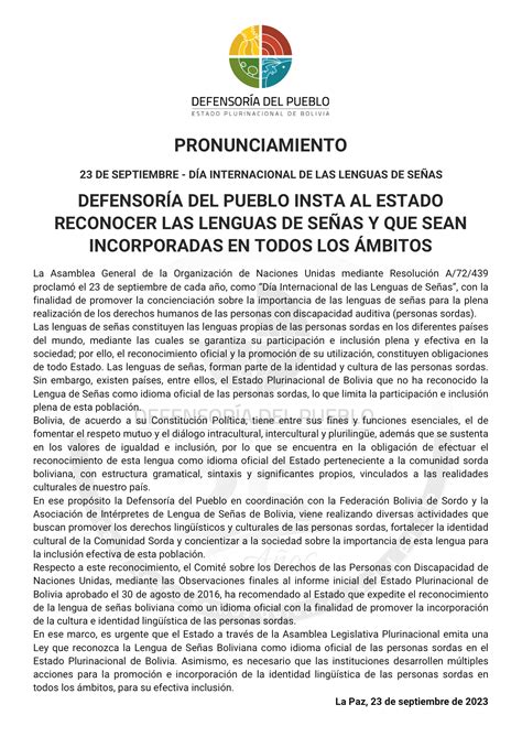 DefensorÍa Del Pueblo Insta Al Estado Reconocer Las Lenguas De SeÑas Y Que Sean Incorporadas En