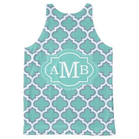 Elegant Teal Quatrefoil Pattern Custom Monogram All Over Print Tank Top