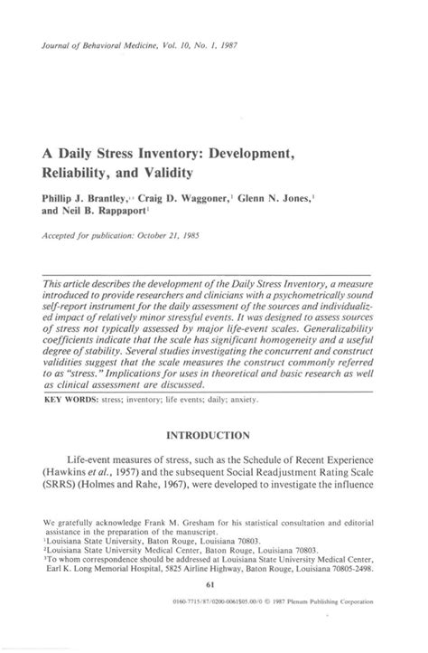 Pdf A Daily Stress Inventory Development Reliability And Validity