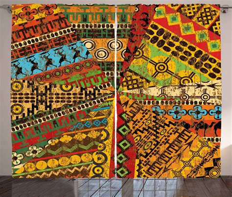 African Curtains Panels Set Grunge Collage With Ethnic Motifs Tribal