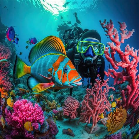 Premium Photo | Divers near the beautiful coral reef surrounded by ...