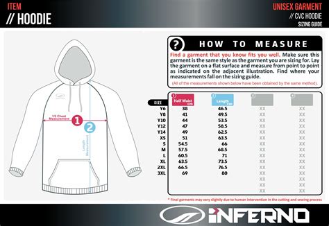 Unisex Hoodie Sizing Guide - Inferno Sports