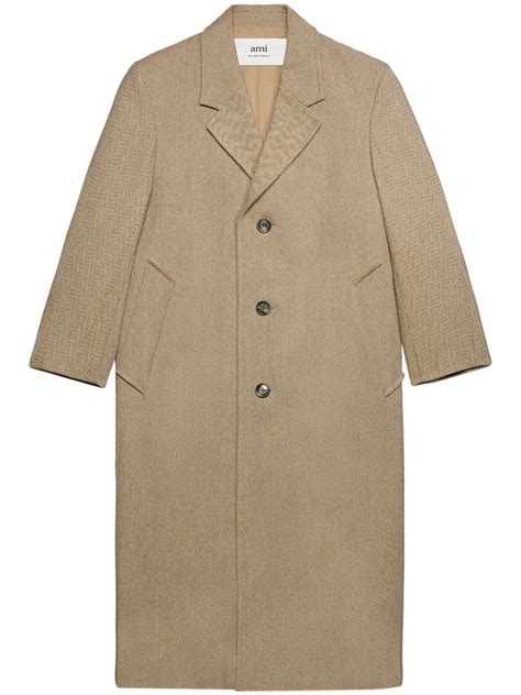 AMI Paris Single Breasted Herringbone Coat Neutrals FARFETCH