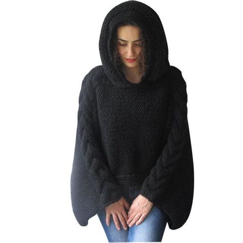 Plus Size Knitting Sweater Capalet With Hoodie Over Size Black Cable Knit By Afra Etsy