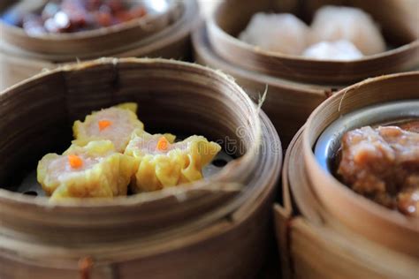 Dim Sum Steam Dumpling In Wood Basket Chinese Food Stock Image